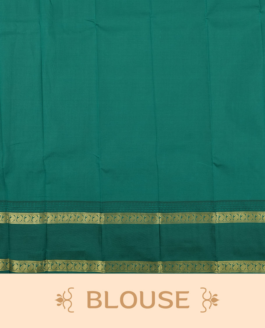 Red orange colour Semi Silk Saree with gold zari patterns on the body, paired with a contrasting Green traditional pallu and border, and a matching blouse piece.