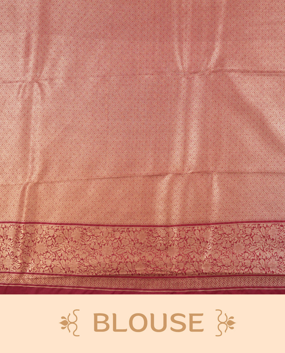 Deep Brown colour semi silk brocade saree featuring intricate Gold Floral kodi patterns across the body, complemented by a rich self colour woven border and pallu, paired with a matching blouse.