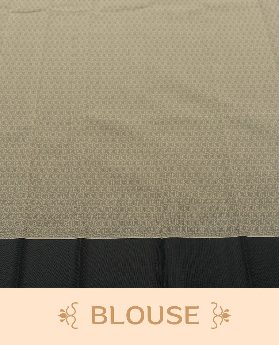 Sandal colour silk cotton saree featuring subtle elegant floral woven motifs on the body, complemented by a classic contrast grey colour border and pallu with intricate traditional detailing & Comes with a matching blouse piece.