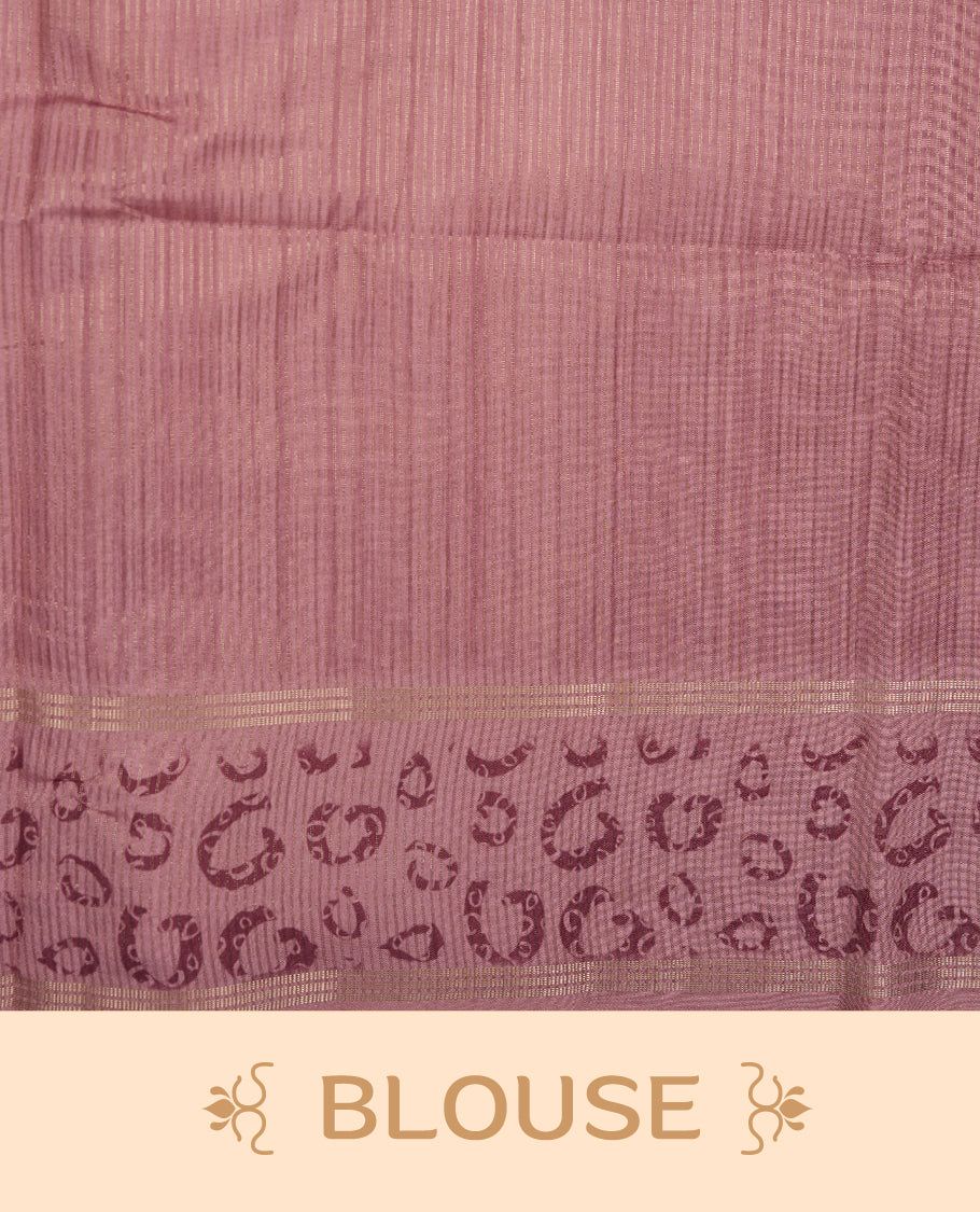 Mauve colour semi tusser silk saree featuring geometric print pattern across body, gold zari border with style motifs and paired with matching blouse.