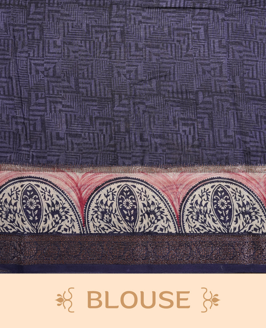Pink colour chanderi silk saree featuring geometric print pattern across body, with contrast Blue colour border with zari pattern and paired with matching blouse.