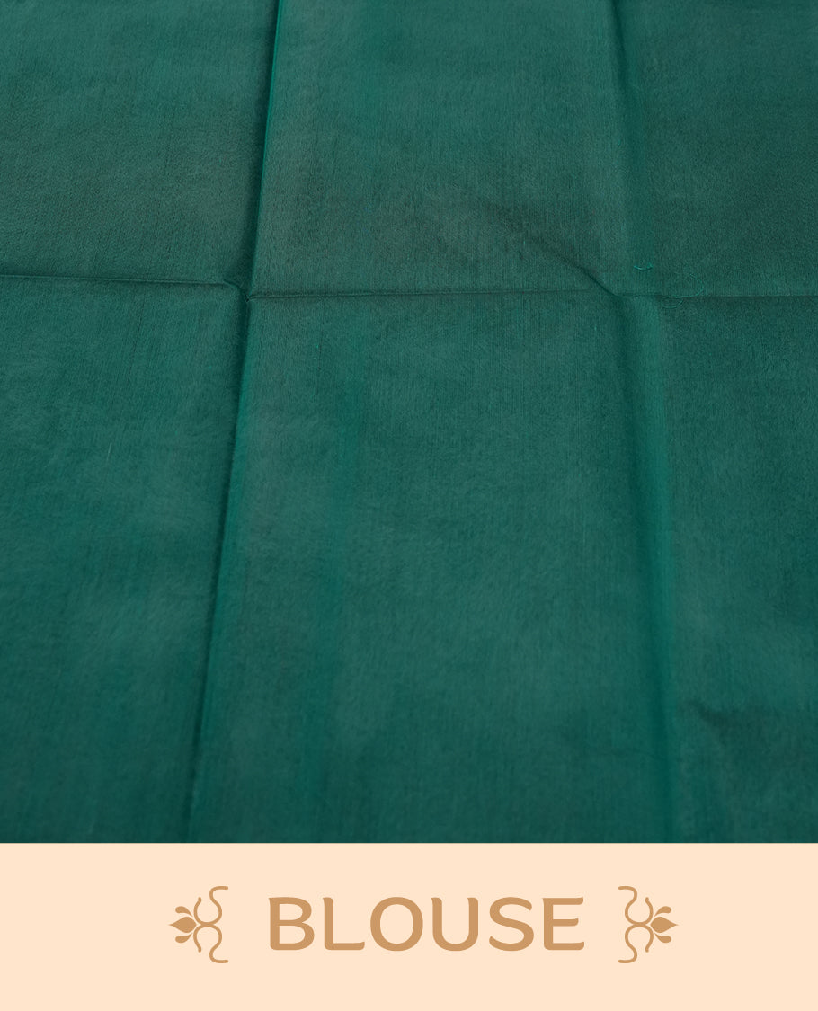 Black colour soft silk cotton saree adorned with copper zari motifs and a shimmering copper zari border, Enhanced by a beautifully rich teal colour woven pallu & Comes with a matching blouse piece for a complete look.