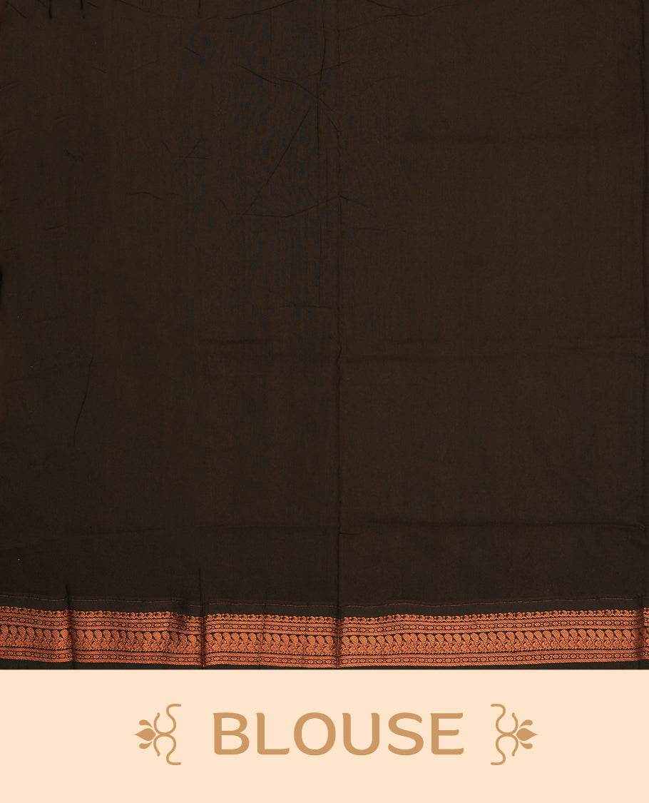 Orange colour Kalyani Cotton saree with rich black colour border with peacock motifs on pallu, featuring copper zari and intricate weaving & Includes a matching blouse piece.