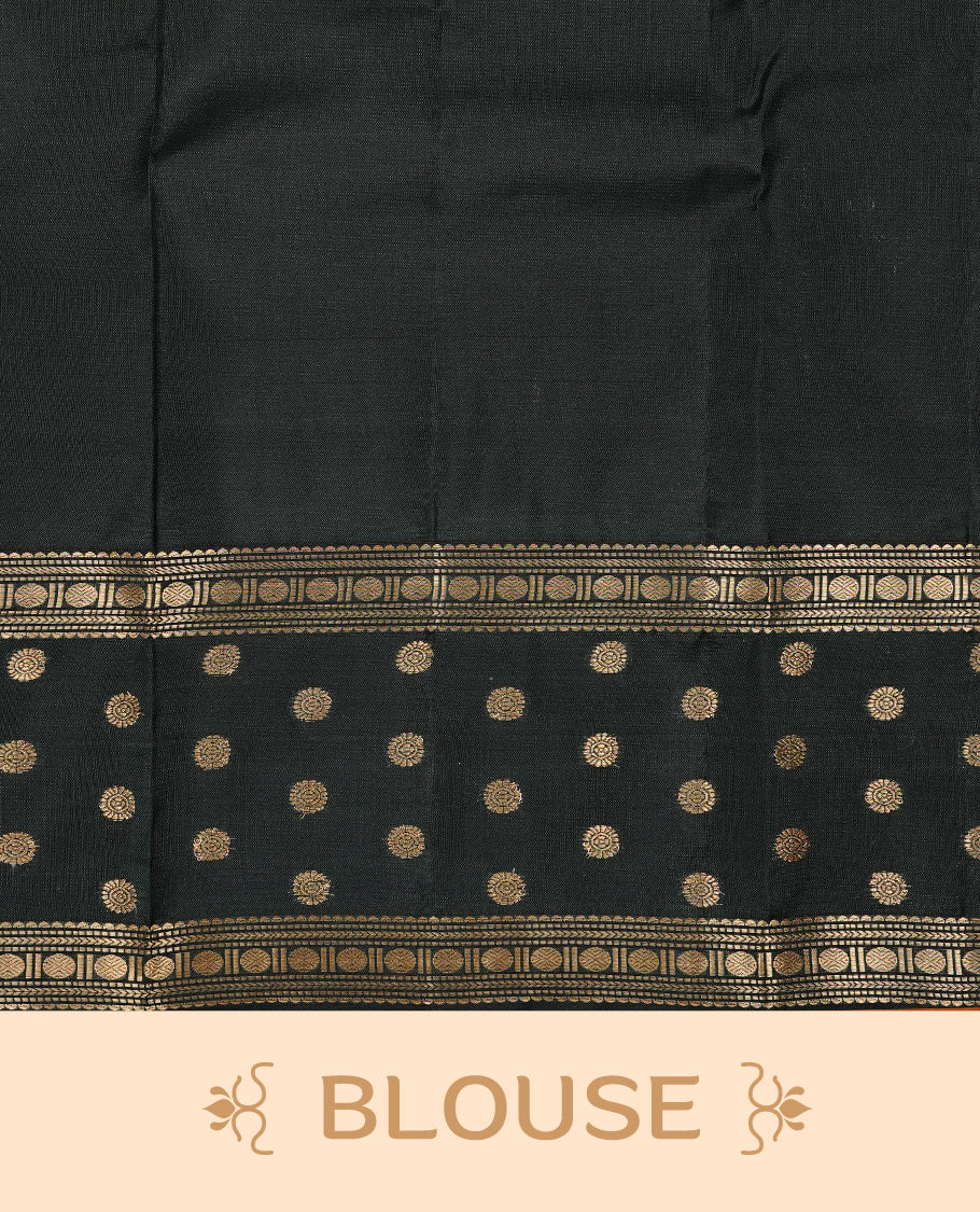 Dark Sea Green colour Traditional Kancheepuram silk saree featuring gold zari motifs on body, enhanced with contrast Dark green with traditional border, paired with matching blouse piece.
