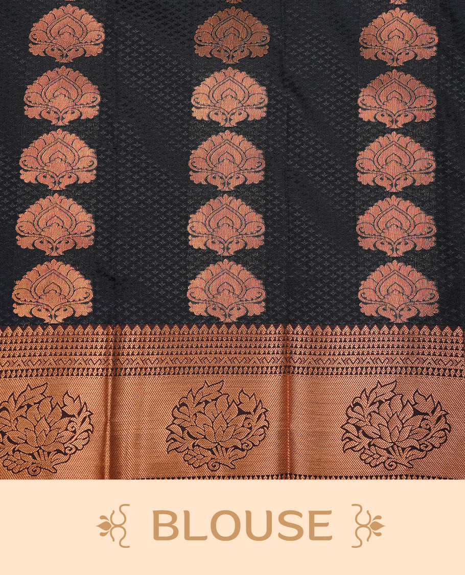 Black colour Semi silk saree Featuring gold zari motifs on body, complemented by contrast Brown colour with gold zari border, paired with matching blouse piece.