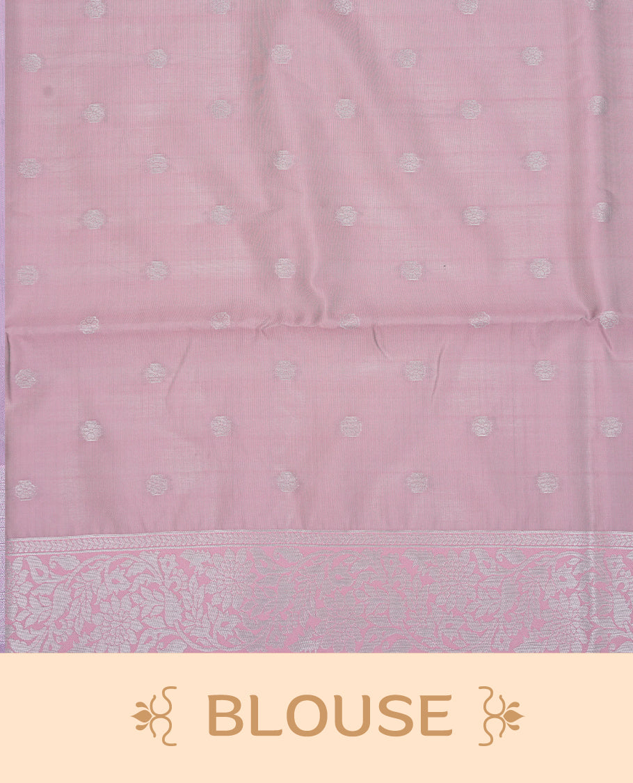 Green & peach colour semi silk saree featuring Silver zari Small check pattern & motifs on body, complemented by contrast Peach colour with silver zari border, comes with matching blouse piece.