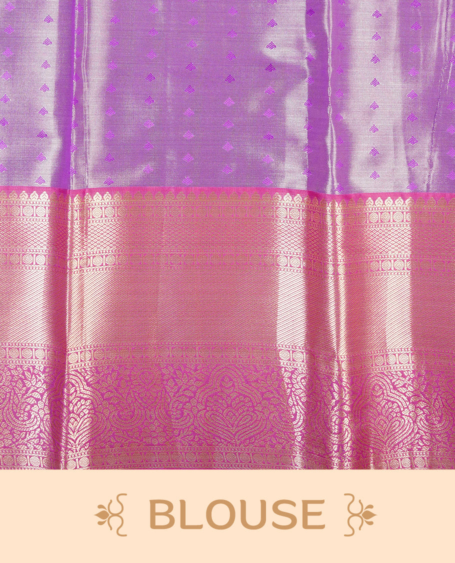 Violet & Silver colour Double shade Semi tissue silk saree featuring self color Floral pattern on body, Contrast Magenta colour with Fancy border, paired with matching.