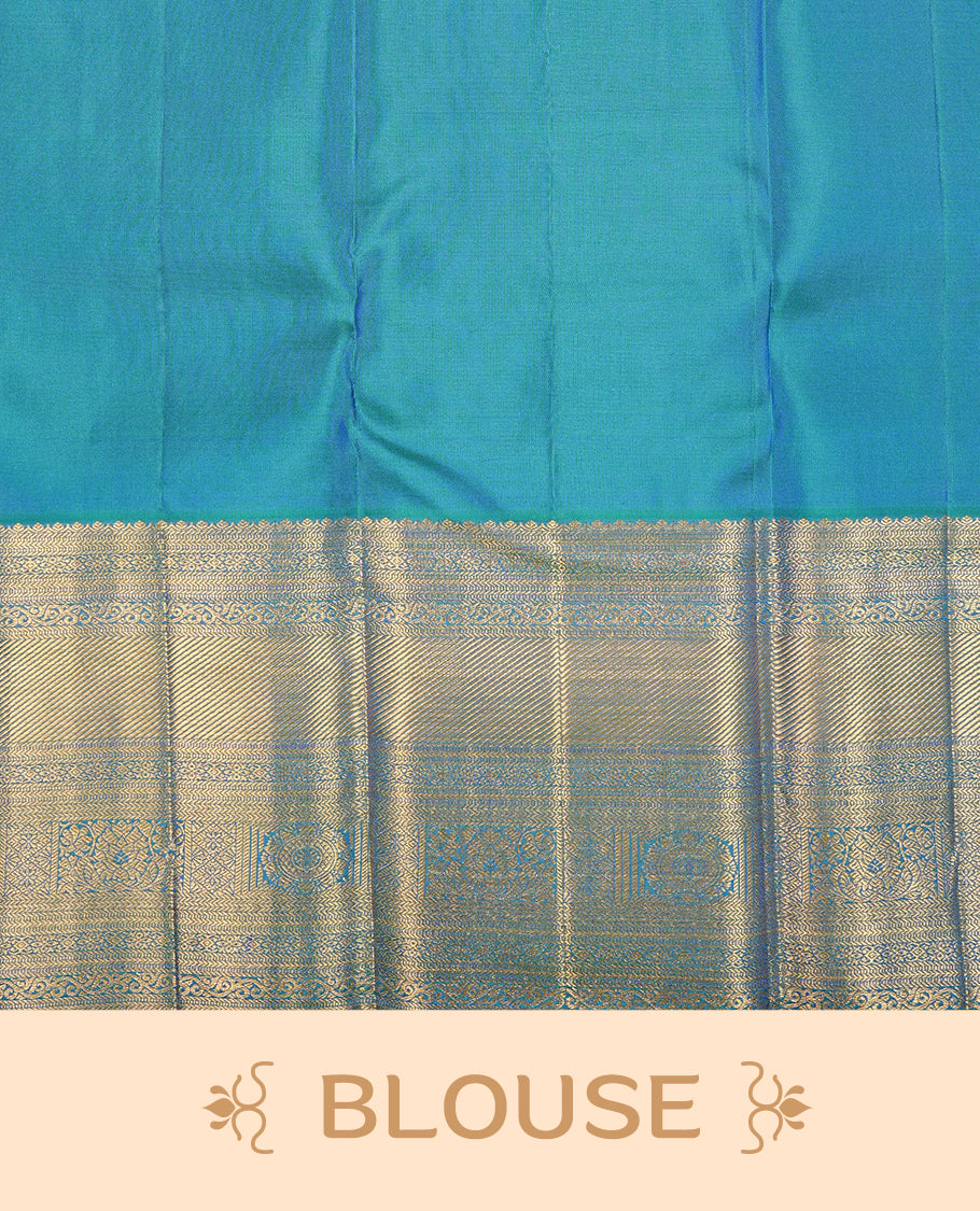 Green & Blue Dual Colour Pure Kancheepuram Silk Saree Featuring Gold Zari Floral Pattern on the Body, Highlighting a Traditional Gold Zari Border, Paired with a Matching Blouse Piece.