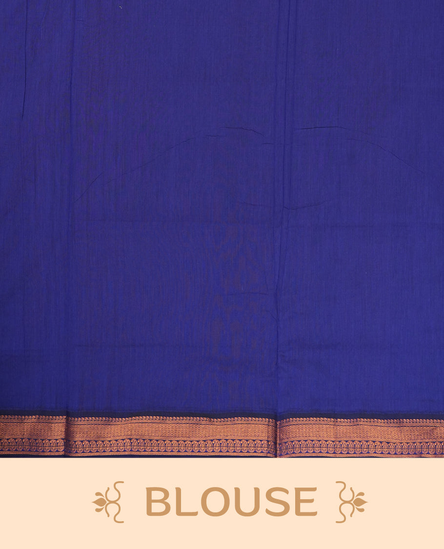 Lemon green colour Kalyani cotton saree with contrast royal blue border adorned with intricate copper zari weaving & Paired with matching blouse.