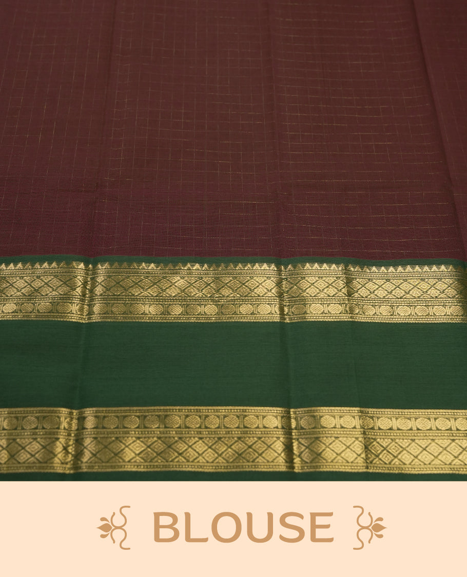 Dark Coffee Brown colour pure Kanchi cotton saree featuring with delicate golden checks on body, paired with a contrasting green zari woven border & Includes a matching blouse piece for a complete look.