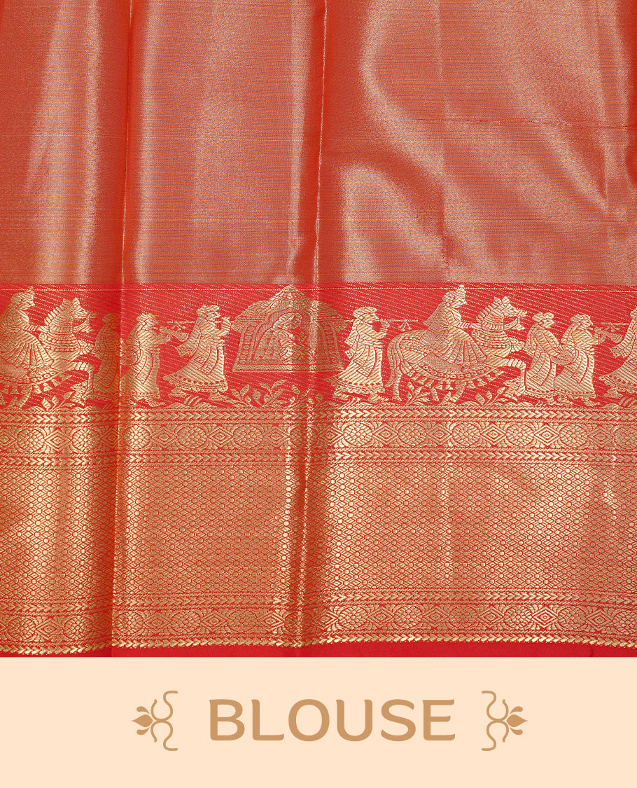 Gold colour Semi Tissue silk saree featuring silver zari pattern on body, complemented by traditional border with contrast Red colour, paired with matching blouse piece.