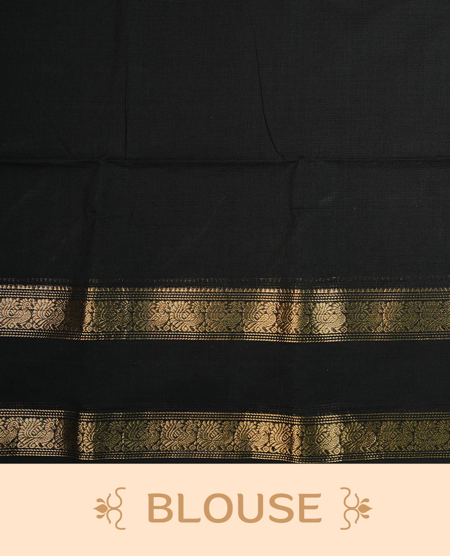 Black colour chettinad cotton saree featuring A Plain body, complemented by Contrast Colour With Peacock Gold Zari border, paired with matching blouse piece.