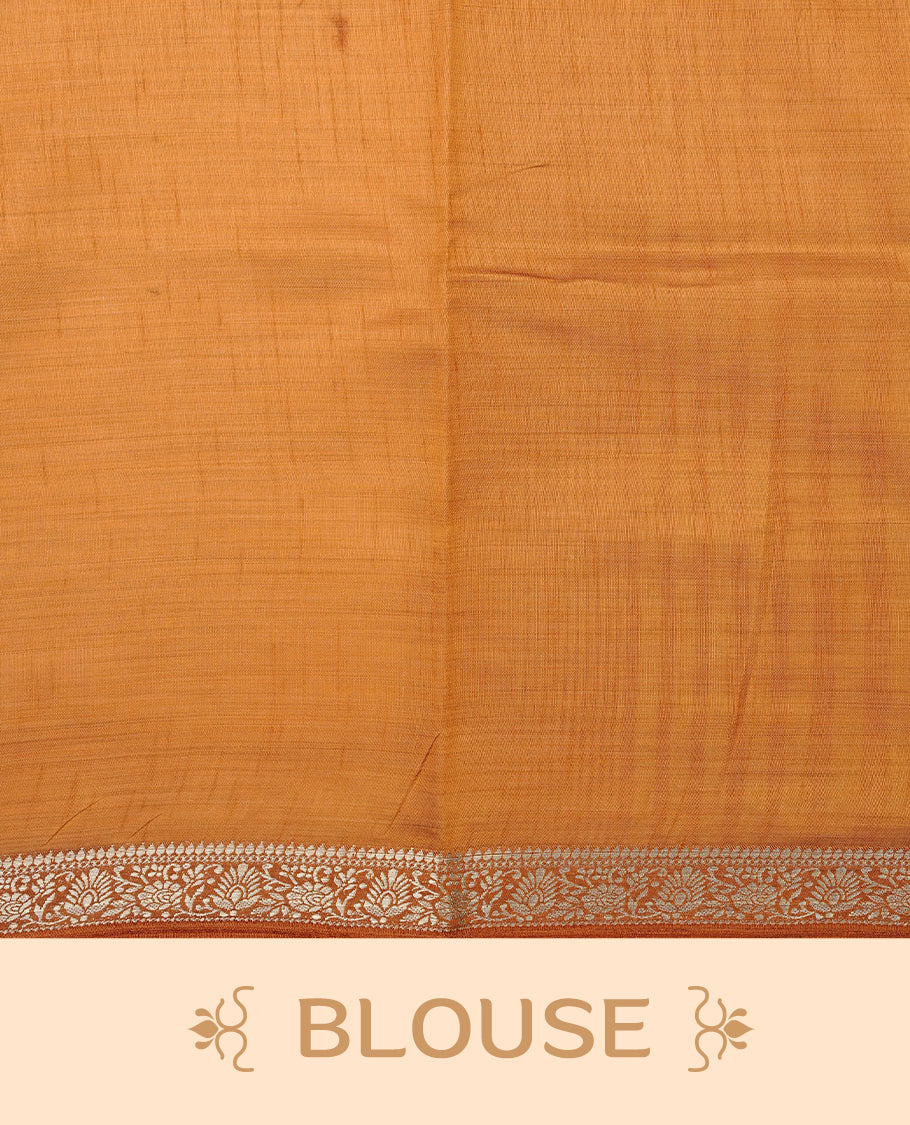 Light gold Colour Tussar saree featuring elegant plain body, complemented by contrast Mustard colour with zari work border, comes with matching blouse piece.