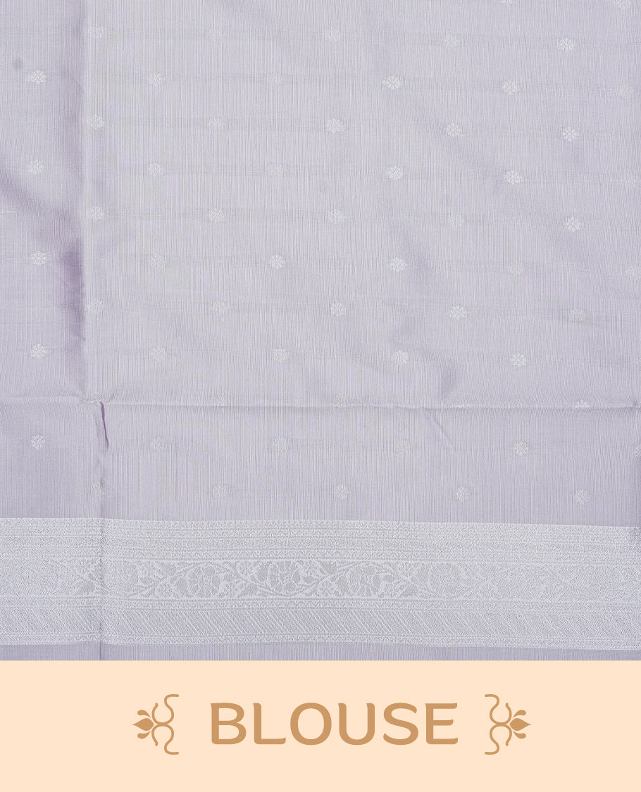 Sea green colour semi silk saree featuring Silver zari Geometric pattern on body, complemented by contrast Lavender colour with silver zari border, comes with matching blouse piece.