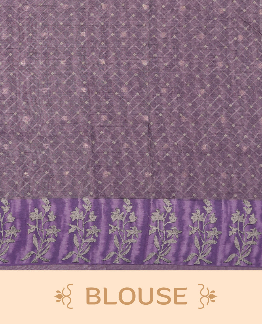 Light lavender colour semi tussar saree adorned with Cream strip printed pattern across the body, with cream Floral pattern on contrast Light purple colour border, paired with a matching blouse.