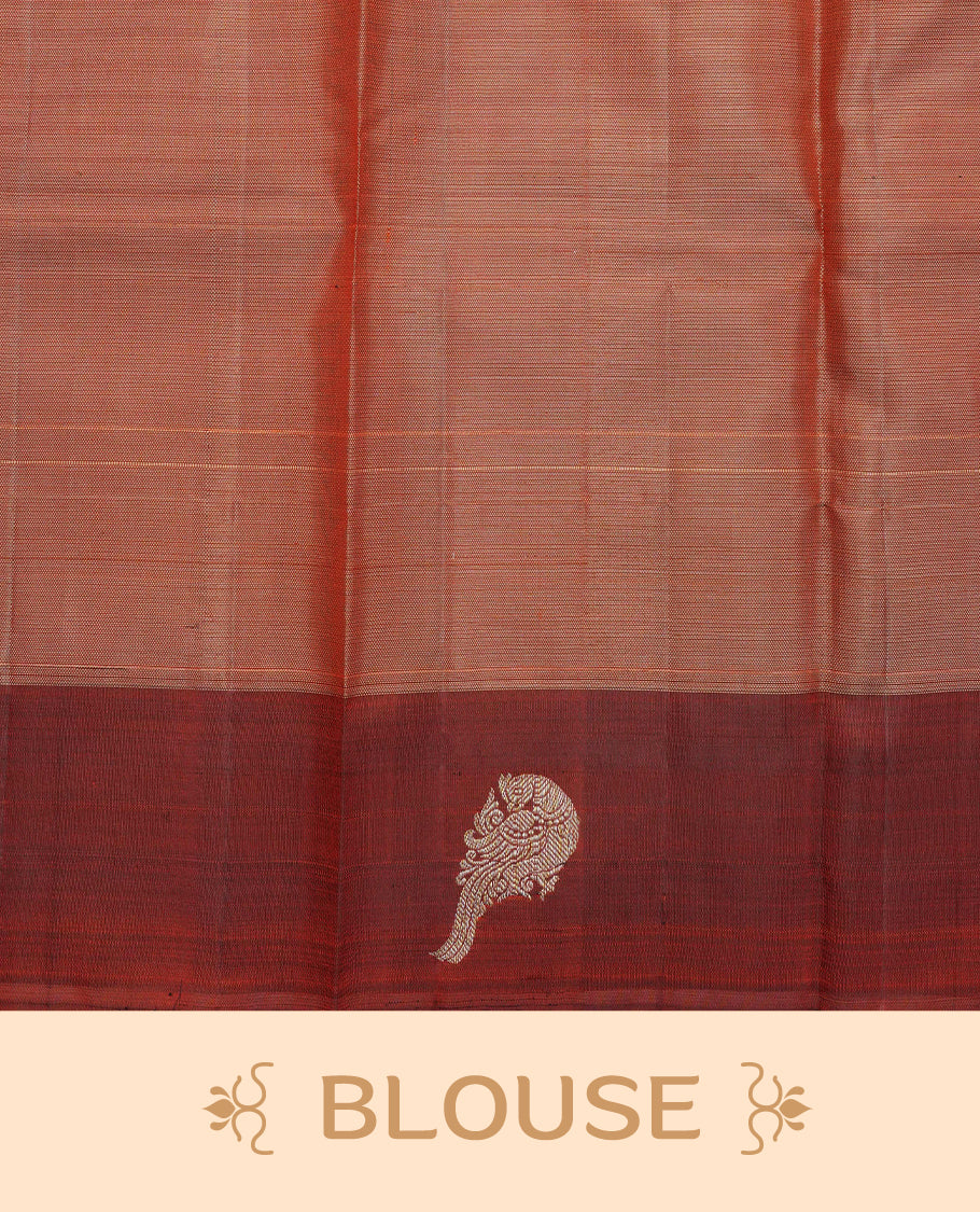 Red & Purple colour traditional kancheepuram silk saree featuring Plain body, complemented by contrast Red colour with gold zari peacock motifs on border, comes with matching blouse piece.