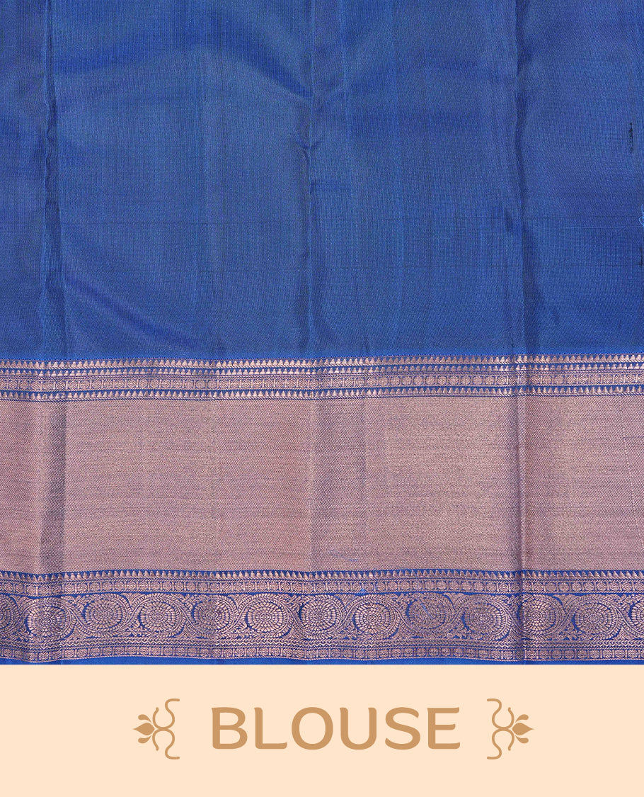 Maroon Colour Traditional Kancheepuram Silk Saree Featuring Gold Zari Floral Motifs on the Body, Complemented by a Contrast Blue Colour Copper Zari Traditional Border and Pallu, Paired with a Matching Blouse .