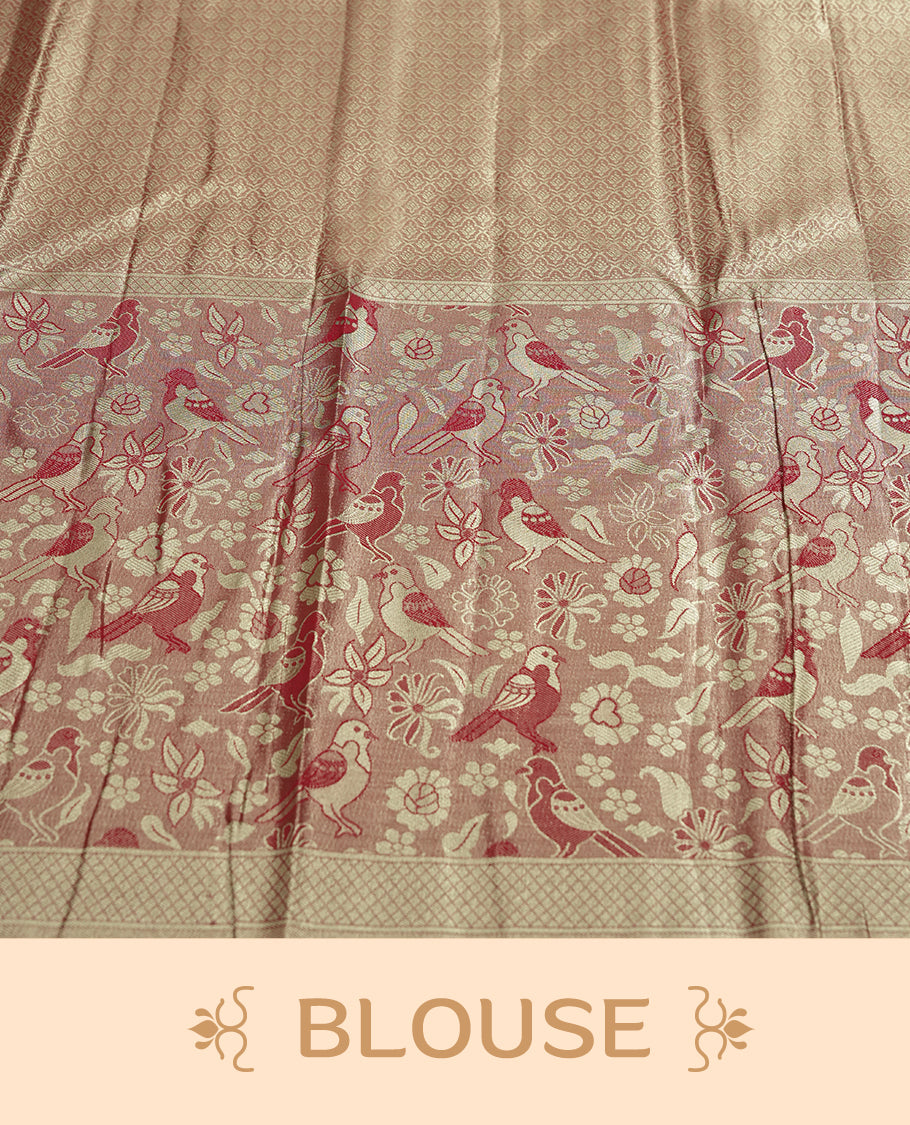 Bright green colour and Antique silver Zari Tissue Brocade Saree features intricate red coloured floral Motifs on body and fancy border & pallu with bird patterns, paired with matching blouse