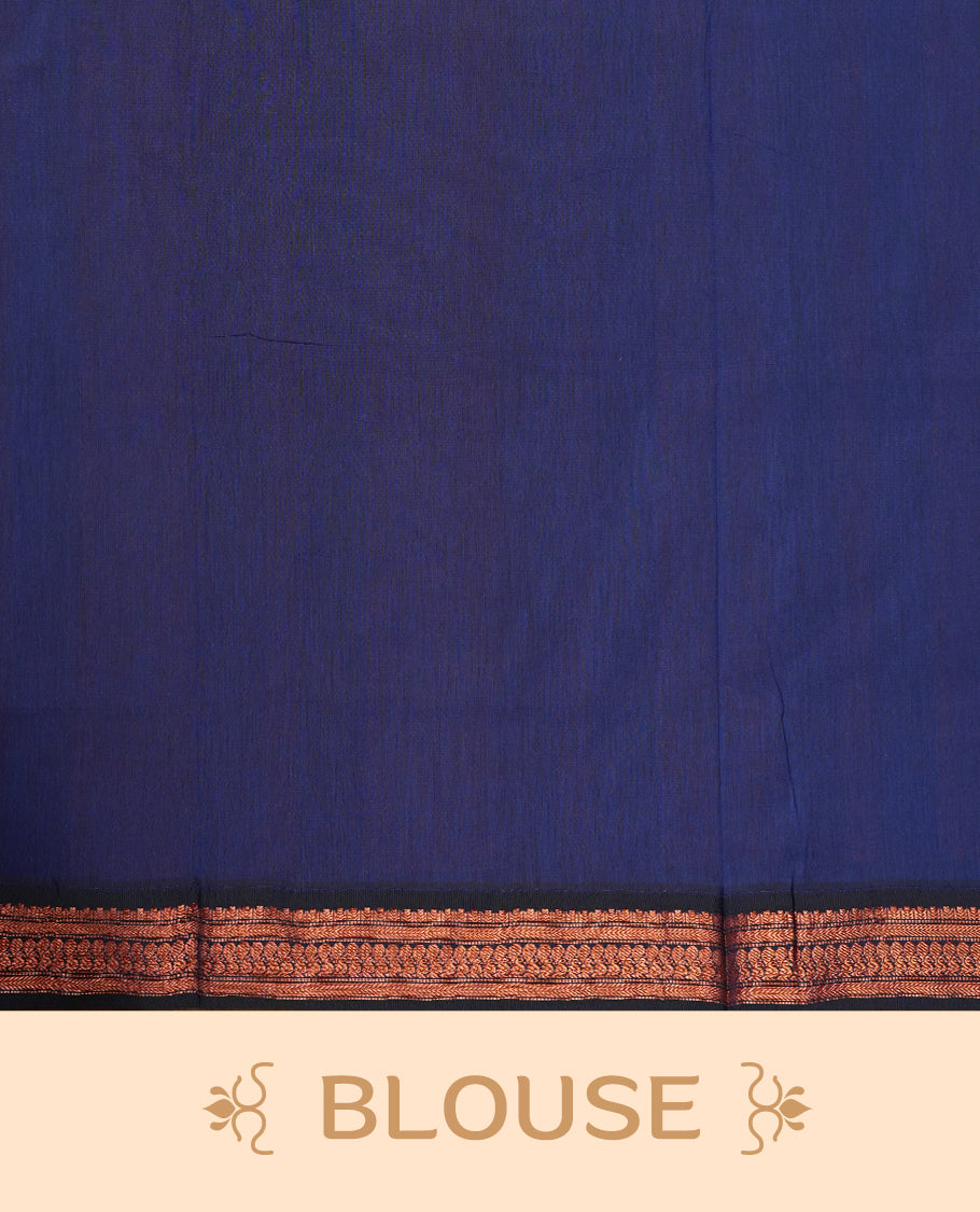 Grey colour Kalyani Cotton saree with woven zari royal blue floral motifs all over, paired with a contrasting royal blue border, floral & birds work on pallu intricately woven with rich copper zari & Comes with a matching blouse piece.