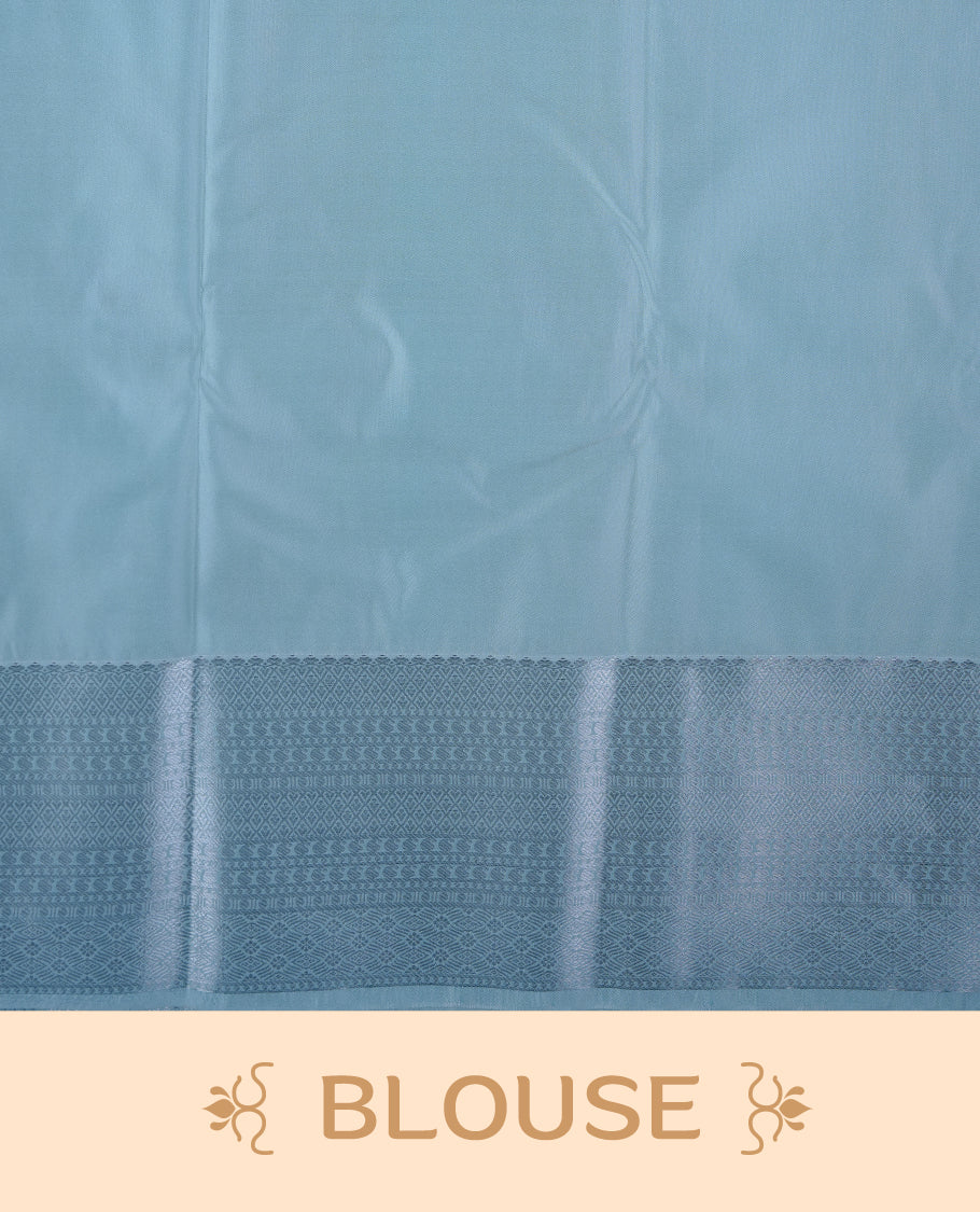 Ice blue & cream colour semi soft silk saree featuring a silver zari patterned body, complemented by silver zari motifes on pallu & border and a matching blouse piece.