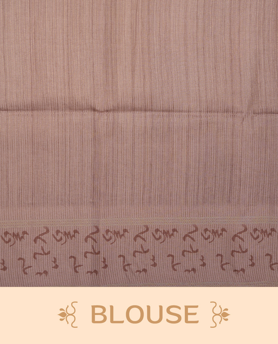 Light brown colour semi tusser silk saree featuring geometric print pattern across body, gold zari border with style motifs and paired with matching blouse.