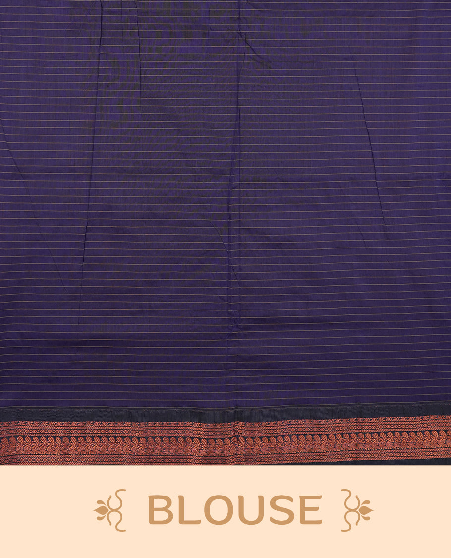 Dark Red coloured mixed Kalyani cotton saree featuring copper zari checks on the body, complemented by a Navy Blue coloured border and pallu adorned with copper zari patterns, Paired with a matching blouse.