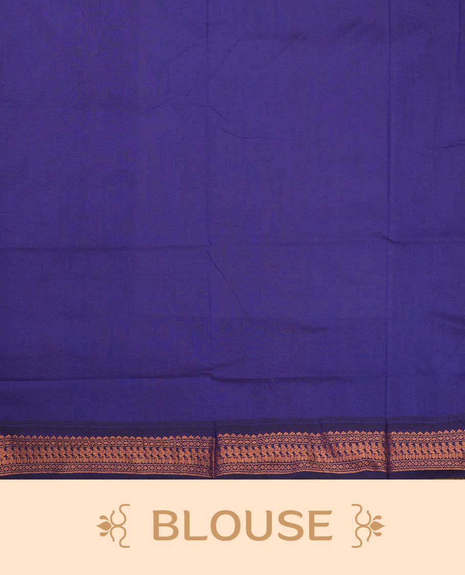 Grey colour Kalyani Cotton saree with royal blue border and pallu, adorned with copper zari motifs and intricate weaving & Comes with a matching blouse piece.