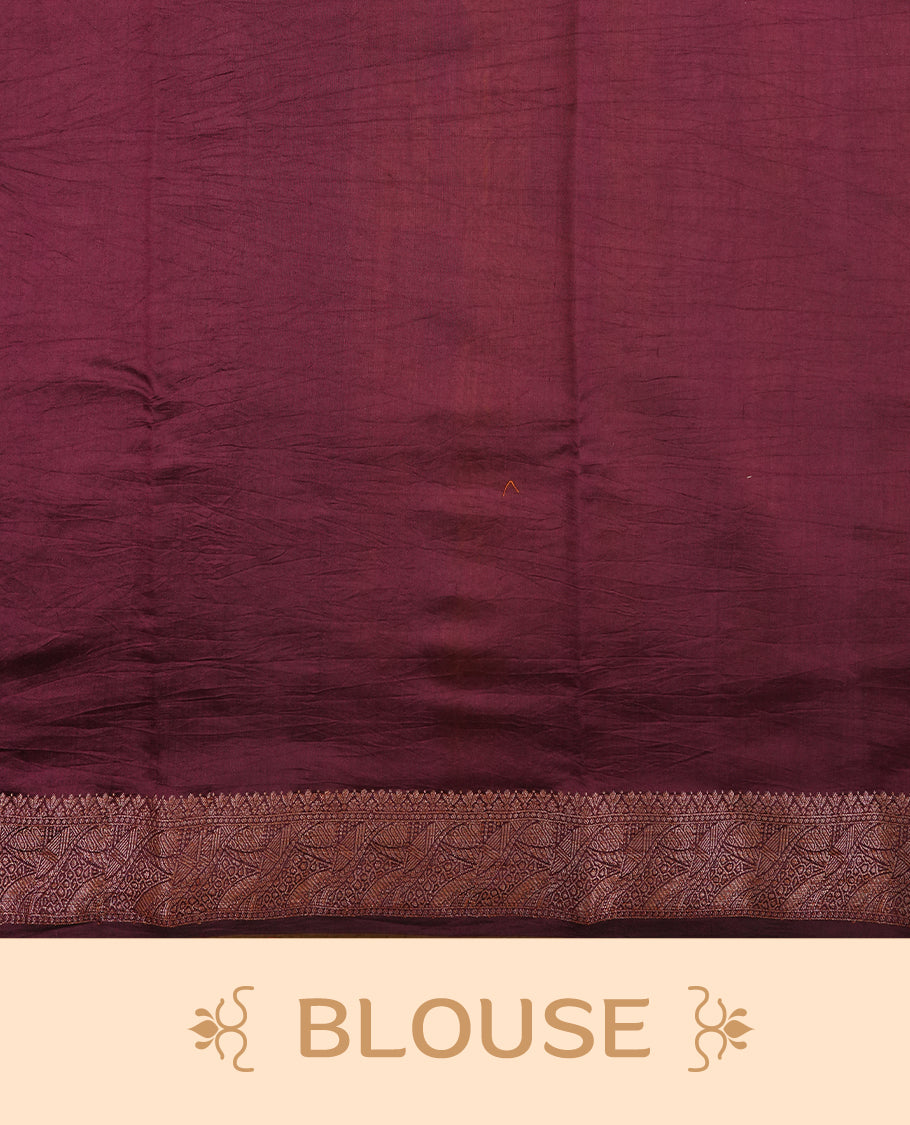 Mustard Colour Pure Banaras soft Silk Saree having gold floral motifs on Body with contrast Purple colour gold zari Border and matching Blouse