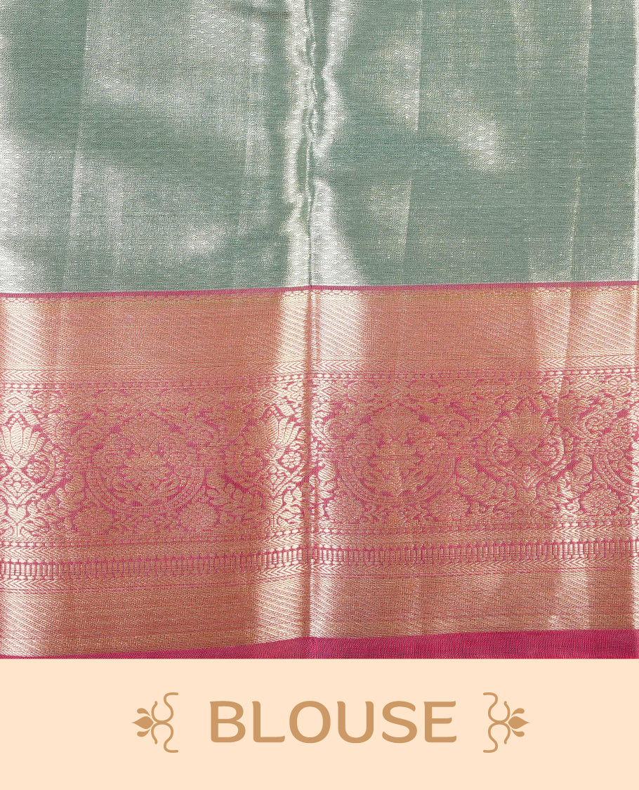 Light Blue & Gold colour Double shade Semi tissue silk saree featuring self color Floral pattern on body, Contrast Burgundy colour with Fancy border, paired with matching.