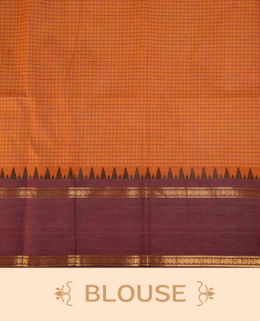 Tangerine colour chettinad colour featuring check pattern on body, complemented by maroon with zari border, paired with matching blouse piece.