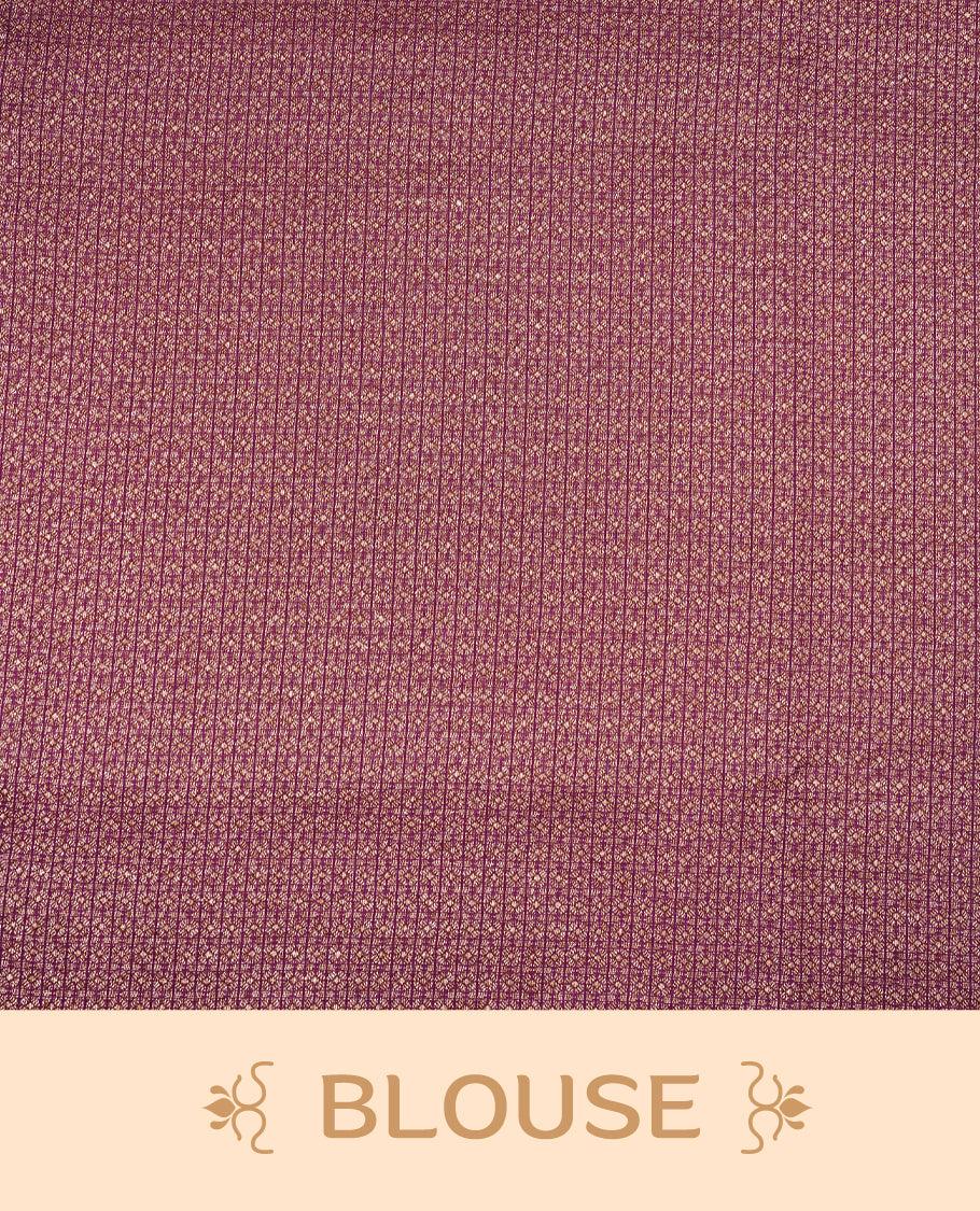 Purple colour Tussar Banaras Georgette silk saree featuring Antique zari Box Pattern on body, complemented by self colour border with zari border, paired with matching blouse piece.