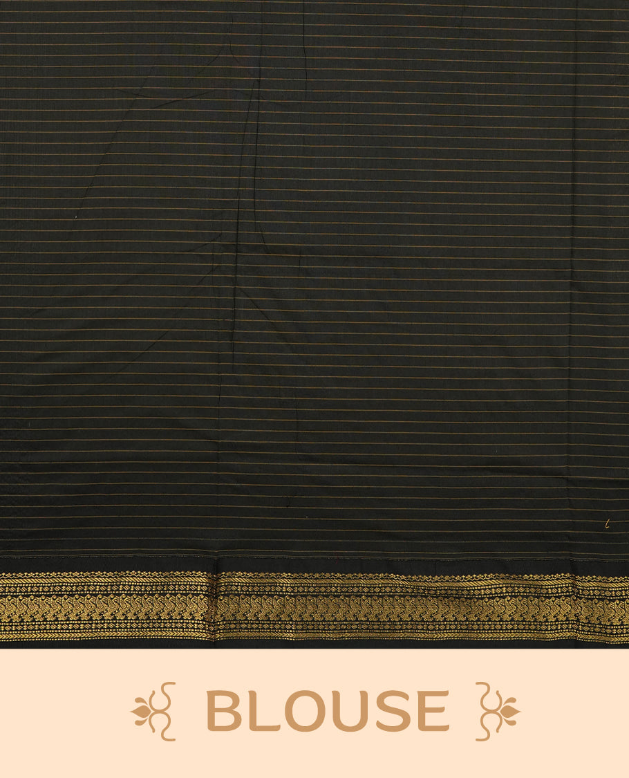 Grape coloured mixed Kalyani cotton saree featuring golden zari checks on the body, complemented by a black coloured border and pallu adorned with golden zari patterns, Paired with a matching blouse.