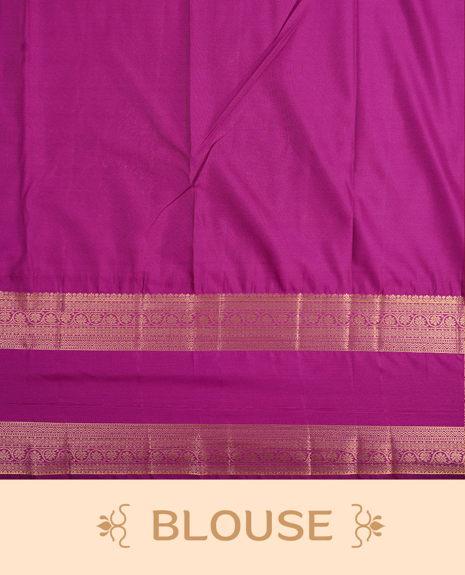 Yellow colour semi wedding saree featuring gold zari floral kode pattern on body, contrast Purple colour with traditional border, paired with matching blouse piece.