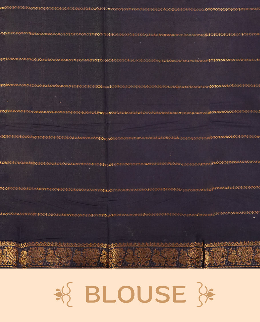 Purple colour Chettinad cotton saree adorned with subtle golden zari stripes all over, The contrast black border features intricate peacock and floral motifs & Comes with a matching blouse piece.