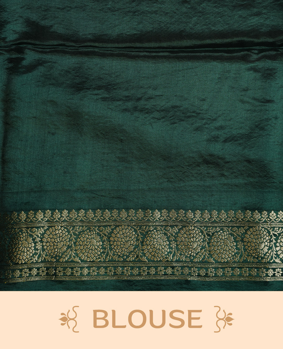 Green colour banaras crepe saree featuring gold & silver zari design stripes on body, complemented by self colour border, paired with matching blouse piece.