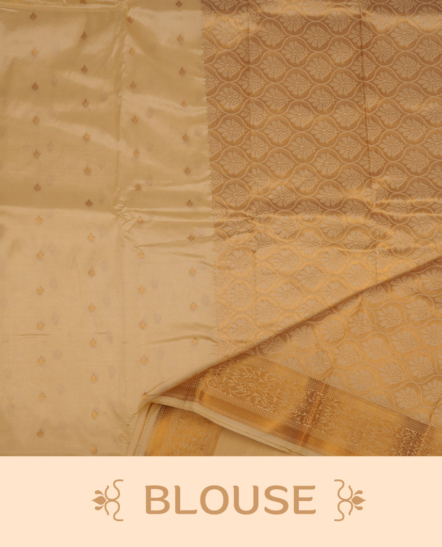 Champ colour shirt and dhoti with gold colour border, paired with matching colour silk saree featuring gold zari buttas and traditional border paired with matching blouse piece.