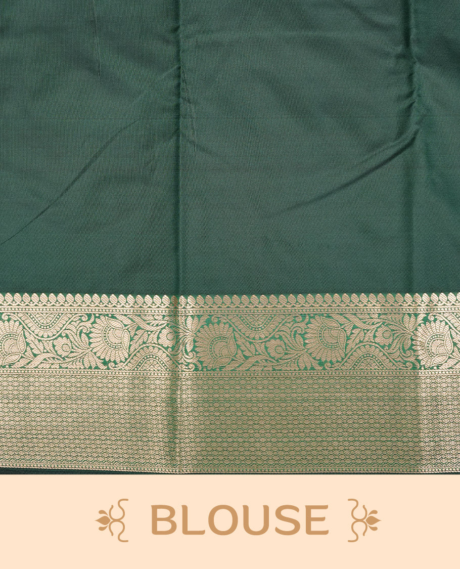 Green Semi Wedding Silk Saree featuring Gold Zari Motifs On body, Complemented with traditional zari with Self colour border, paired with matching blouse piece.