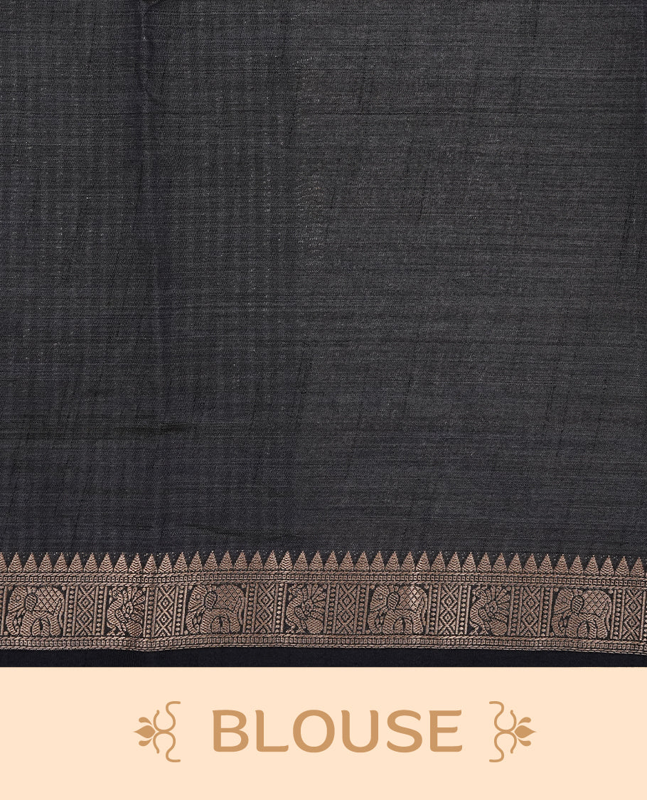 Cream colour Tussar silk saree Featuring Elegant Plain body, complemented by Contrast Black colour with gold zari border, paired with matching blouse piece.