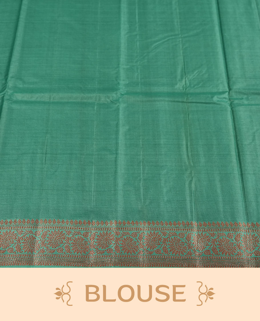 Pink colour pure tussar silk saree adorned with subtle silver zari motifs all over, complemented by a rich contrast aqua blue Banarasi border & Comes with a matching blouse piece.