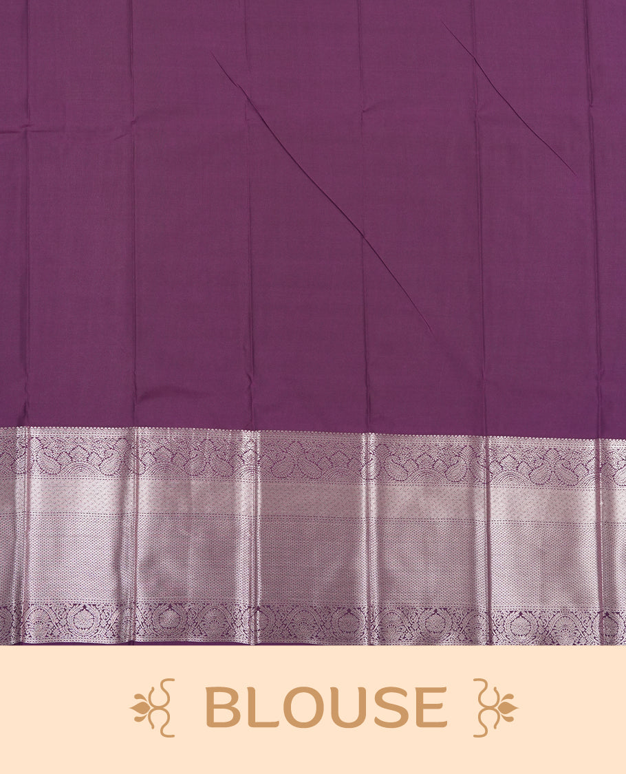 Crimson Red Colour Semi Silk Saree with Silver Dotted Striped Body, Contrasting Rose Gold Zari Pallu & Border, Traditional Paisley Motifs, and Matching Blouse Piece