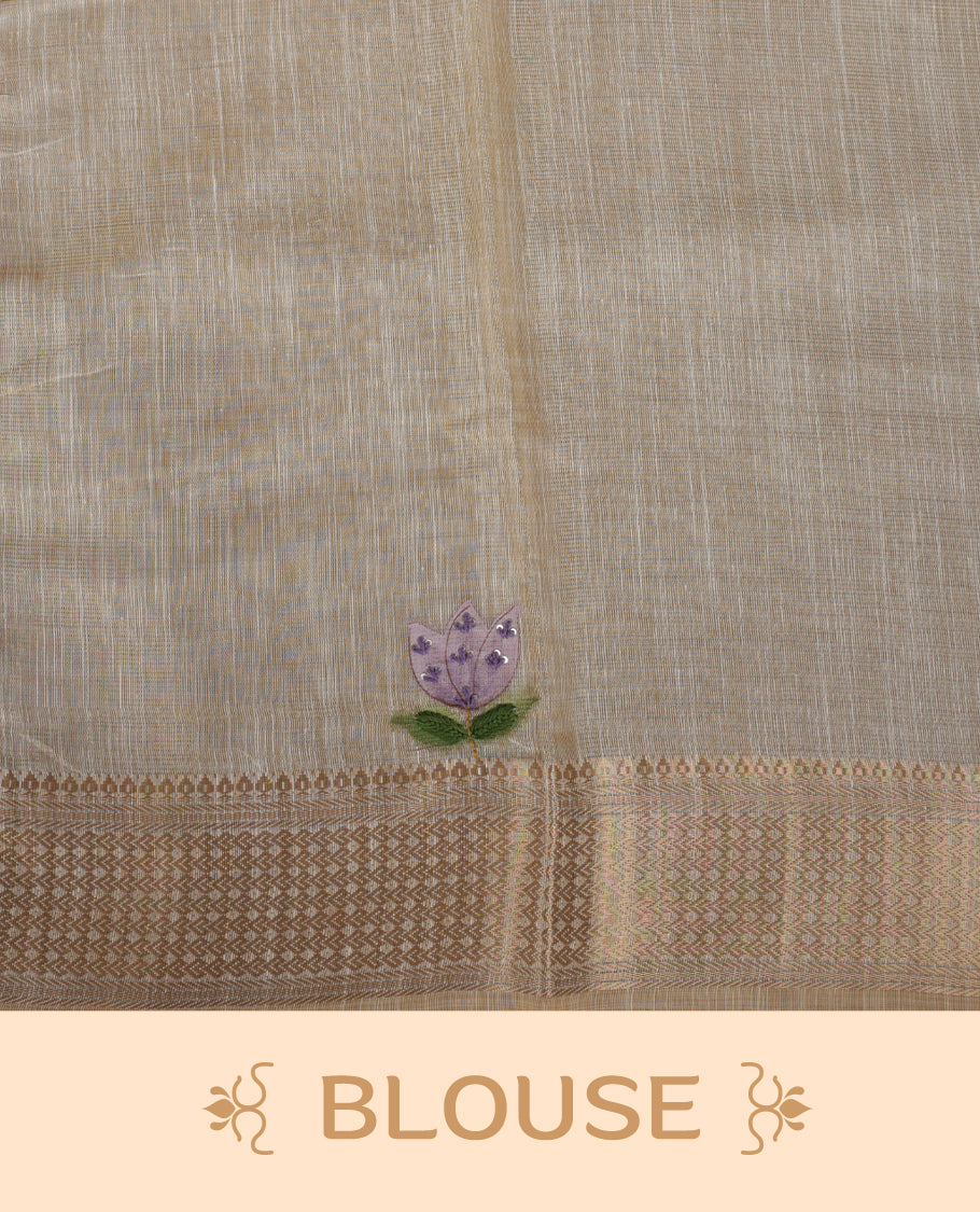 Beige colour Banarasi linen silk saree featuring hand brushed colour with Floral & birds printed pattern on body, gold zari woven geometric design border with self colour pallu and comes with a matching blouse