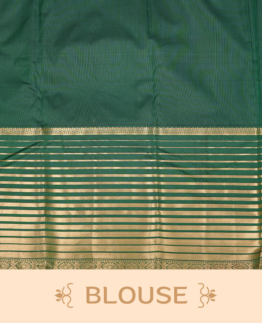 Green Semi Wedding Silk Saree featuring Gold Zari Box with Motifs On body, Complemented with traditional zari with Self colour border, paired with matching blouse piece.