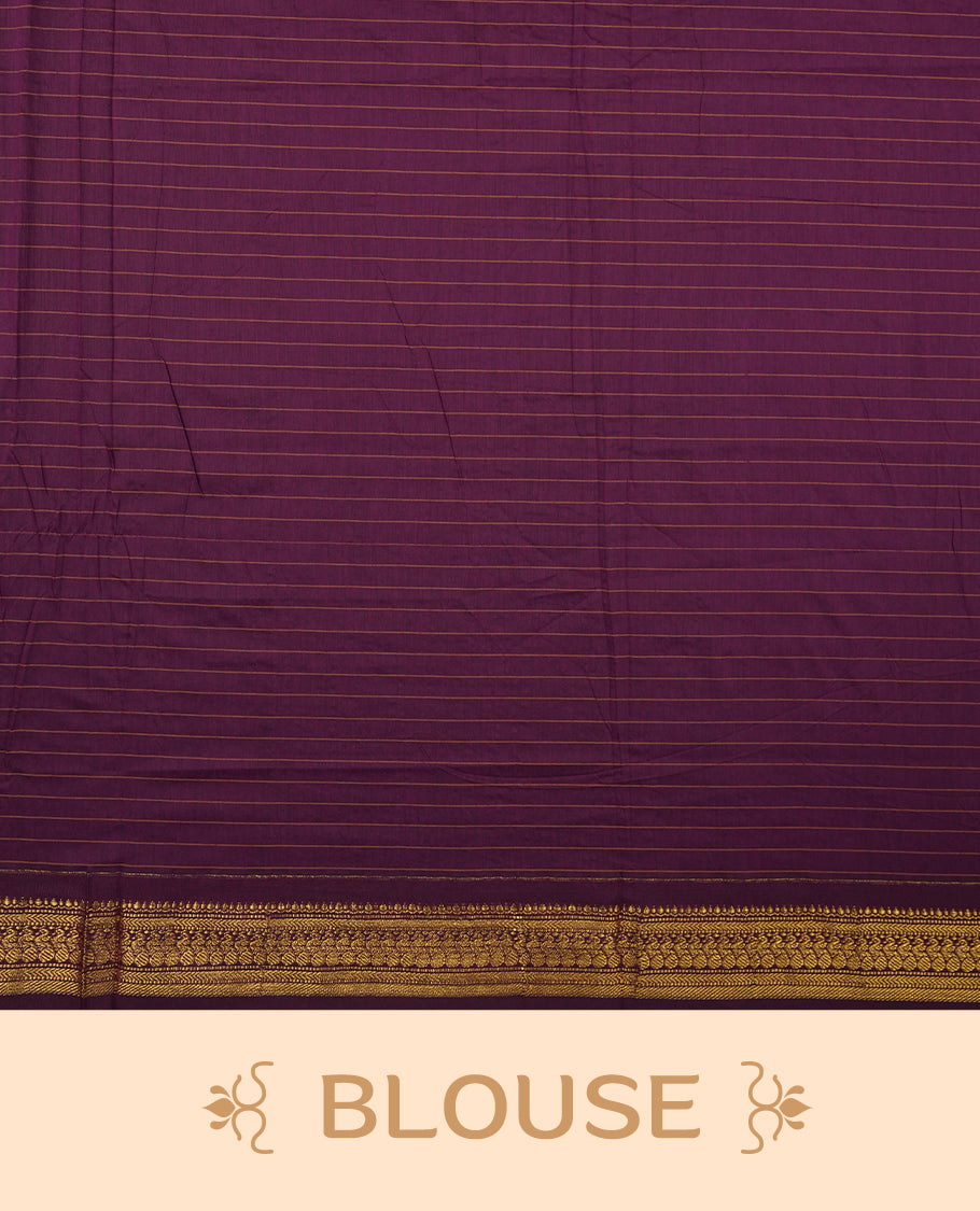 Bright Green coloured mixed Kalyani cotton saree featuring golden zari checks on the body, complemented by a rich grape coloured border and pallu adorned with golden zari patterns, Paired with a matching blouse.