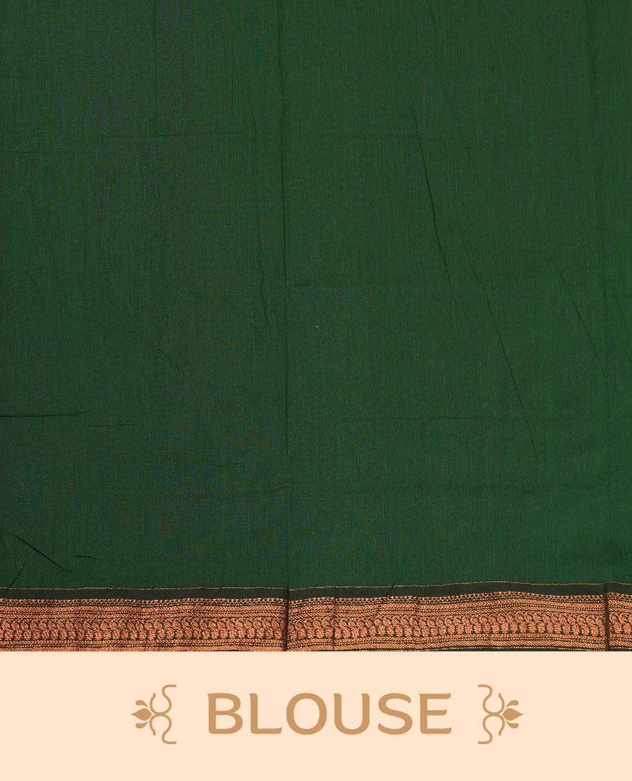 Mustard yellow colour Kalyani Cotton saree with delicate woven zari motifs all over, paired with a contrasting deep green border and pallu intricately woven with rich copper zari & Comes with a matching blouse piece.