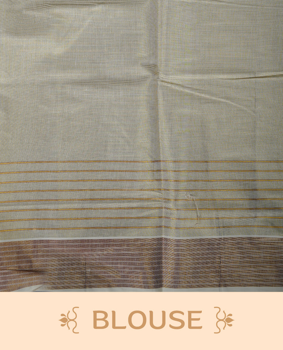 Light gold colour Tissue Kerala saree featuring a Plain body, an intricately woven gold and brown traditional border with floral and stripes on pallu, print paired with a matching blouse.