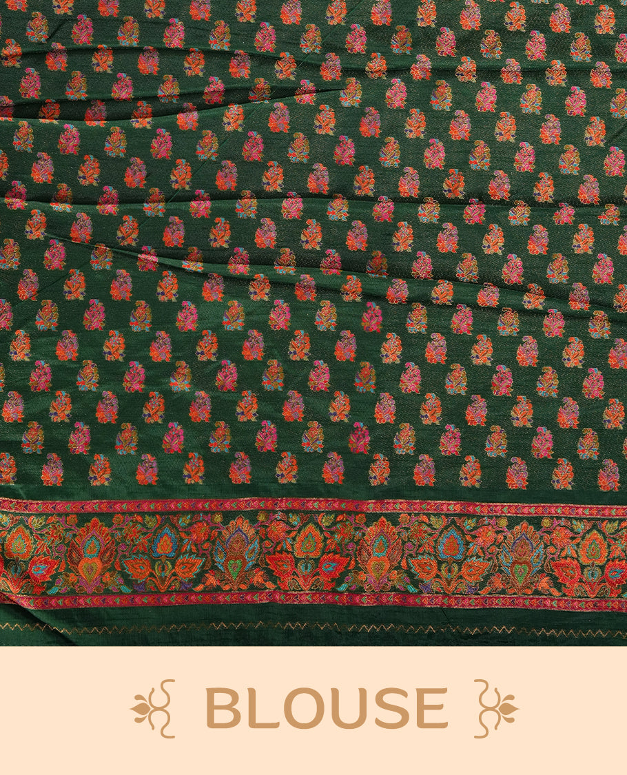 Rani Pink colour Pashmina silk saree densely woven with intricate multicolour floral motifs across the body, framed by an opulent arabesque border and grand storytelling pallu, paired with a matching woven border blouse piece