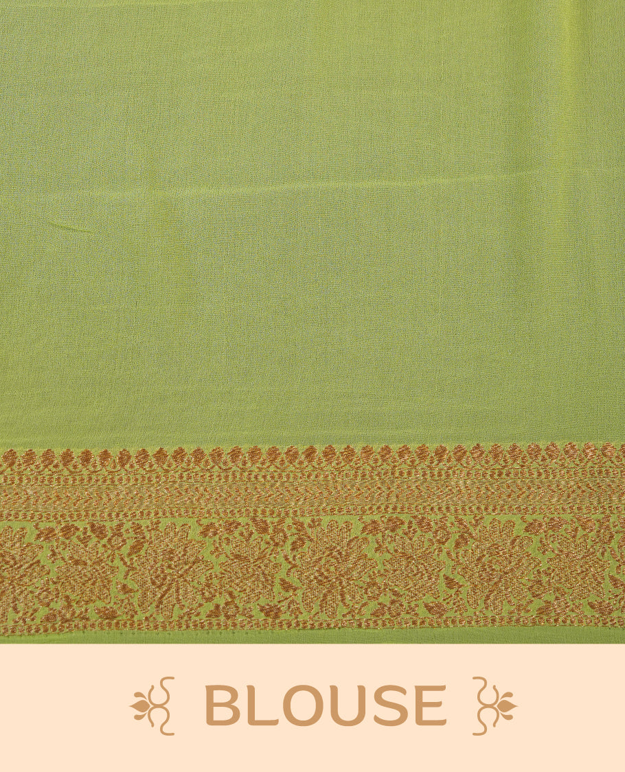 Maroon colour pure Banarasi Crepe saree featuring Antique zari Flower Motifs all over the body, complemented by an contrast Light green dye colour with gold zari Floral Kodi Worked border and pallu, with matching blouse.