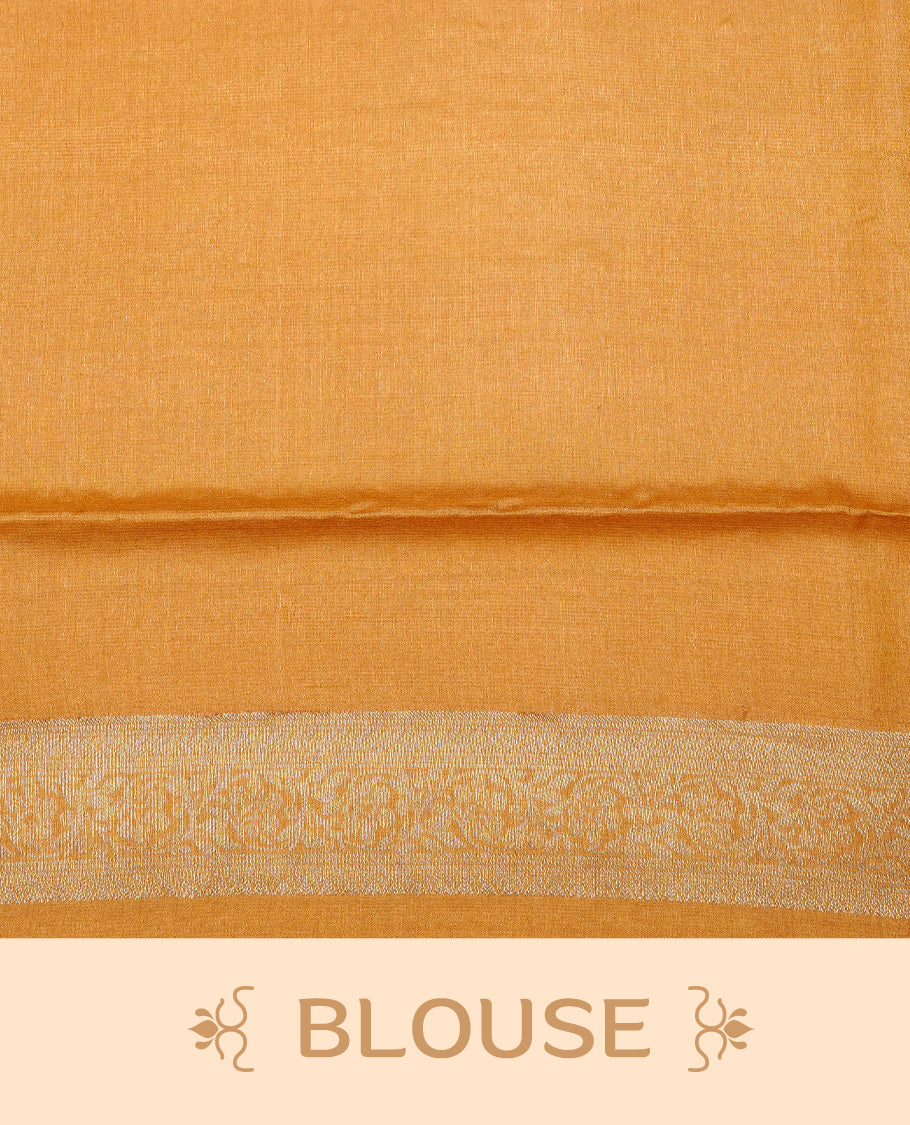 Mustard colour Pure tusser silk saree featuring Gold Zari floral Kodi Work On Body , A Plain border & Grand pallu Paired With a matching blouse piece..