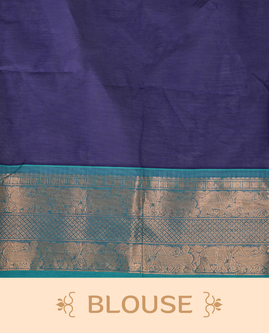 Navy blue colour chettinad saree featuring gold zari stripes on body, complemented by contrast Aqua colour with traditional border, paired with matching blouse piece.