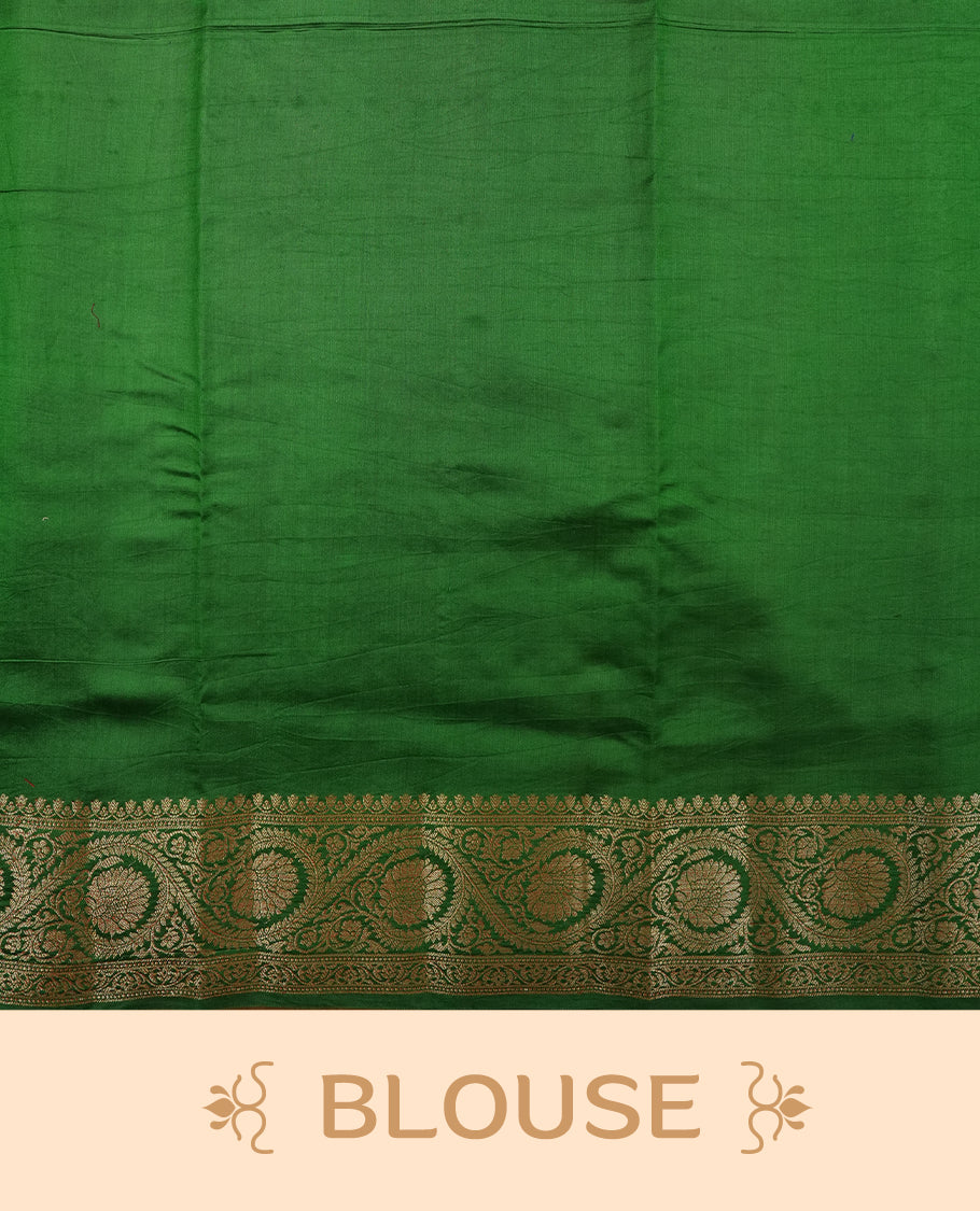 Mustard Colour Pure Banaras soft Silk Saree having gold floral motifs on Body with contrast green colour gold Floral kodi pattern on Border and matching Blouse